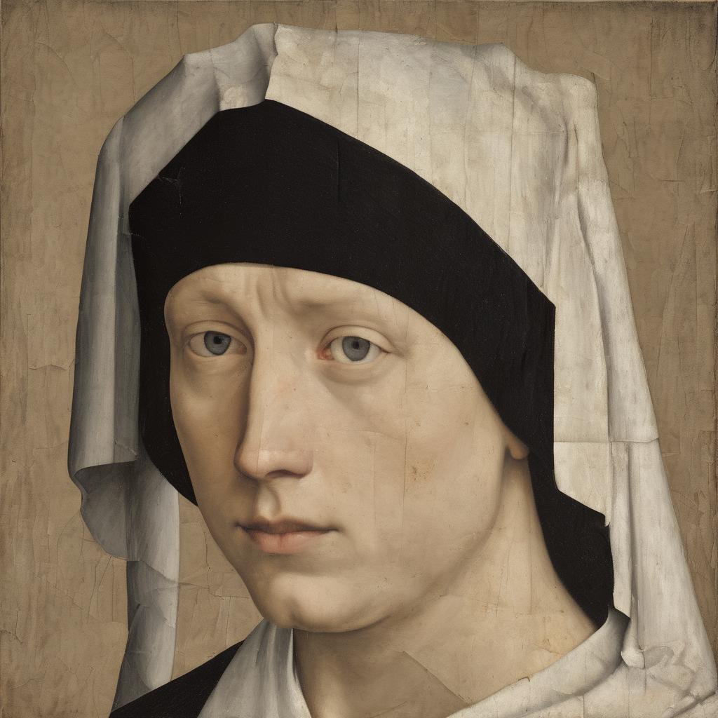 Ολόκληρο το πρόσωπο της Μαρία, γυναικεία μορφή με γαλάζια μάτια, φορά μαύρο καπέλο και λευκό ύφασμα, σε αριστουργηματικό έργο τέχνης από την εποχή του ιμπρεσιονισμού και μπαρόκ.