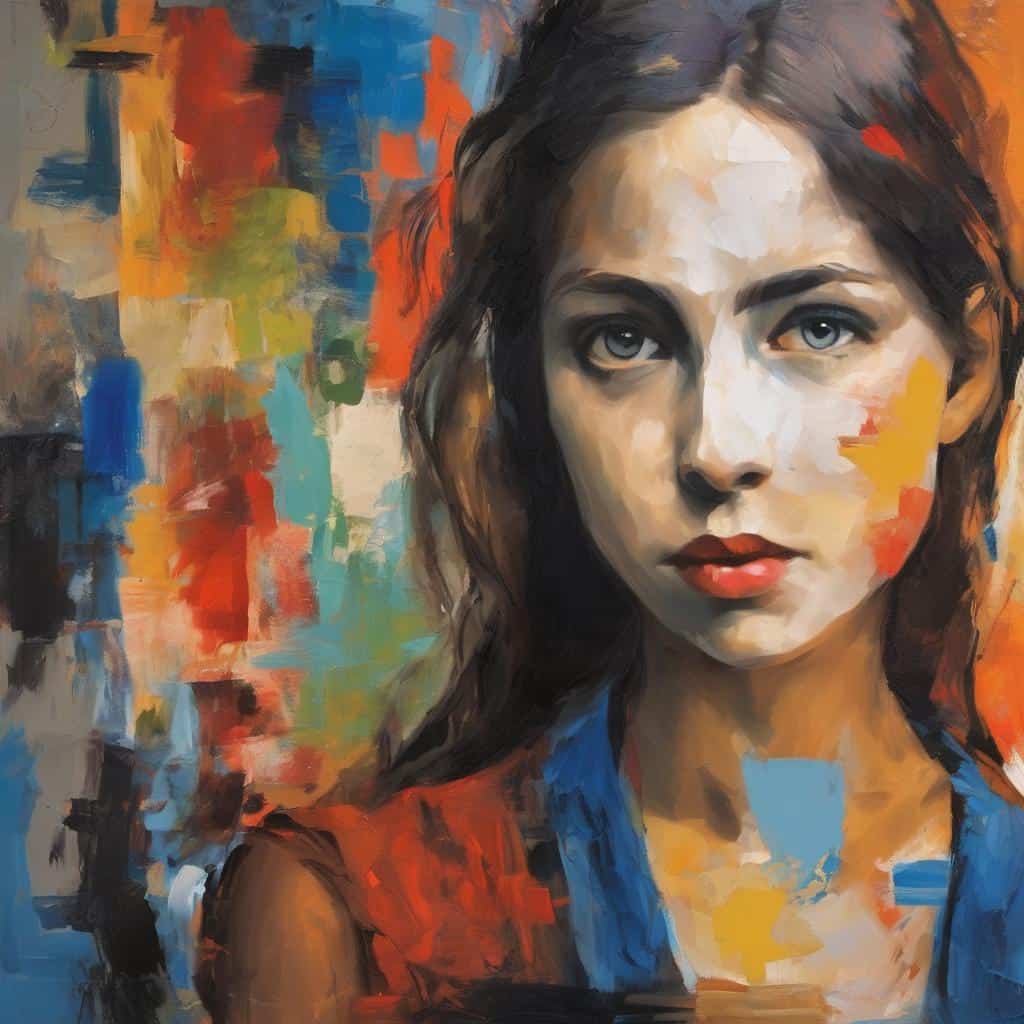 Ζωγραφικό πορτρέτο γυναίκας σε αφηρηγέα, εμπνευσμένο από τον ιμπρεσιονισμό και το μπαρόκ, με έντονες χρωματικές αντιθέσεις και εκλεπτυσμένη τεχνική.