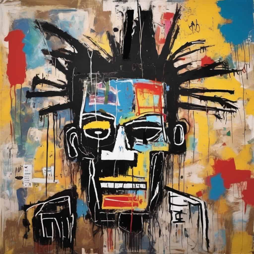 Έγχρωμο graffiti τέχνης με αφρικανικό είδωλο σε στυλ από τον μπαρόκ στον ιμπρεσιονισμό, με έντονες πινελιές και καδραρίσματα σε πολύχρωμα μοτίβα και σύγχρονο αστικό ύφος.