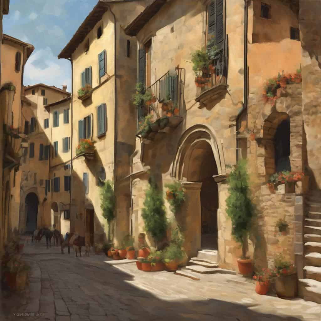 Λιθόκτιστα ευρωπαϊκά σπίτια με παραδοσιακά παράθυρα και λουλουδάτες γλάστρες σε μια γραφική γειτονιά, εμπνευσμένα από το μπαρόκ και τον ιμπρεσιονισμό, σε ένα όμορφο περιβάλλον με ζωντάνια και ιστορική αίσθηση.