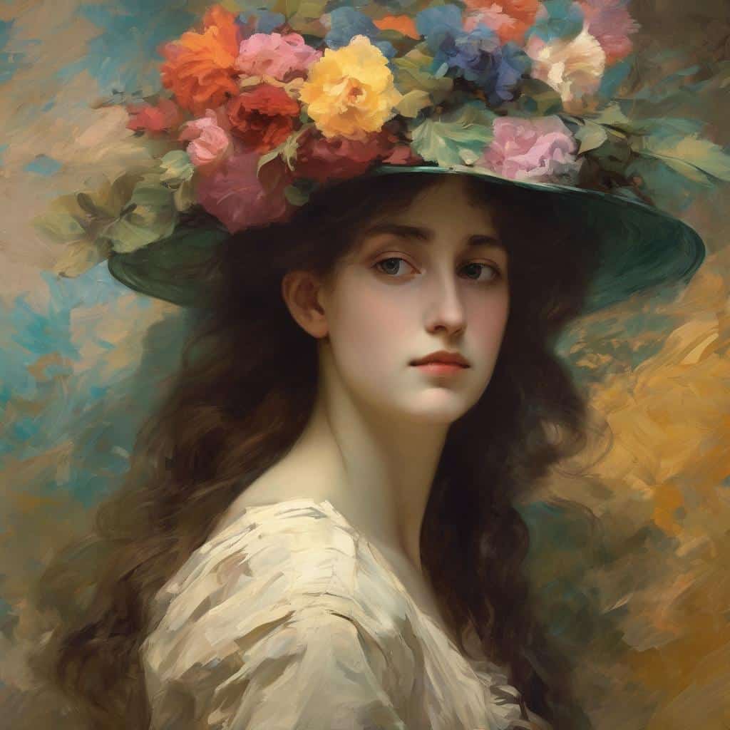 Κάλλιππος νεαρή γυναίκα με καπέλο γεμάτο λουλούδια, σε ατμόσφαιρα εμπνευσμένη από τον ιμπρεσιονισμό και το μπαρόκ, με έντονη χρωματική παλέτα και ρεαλιστικά χαρακτηριστικά.
