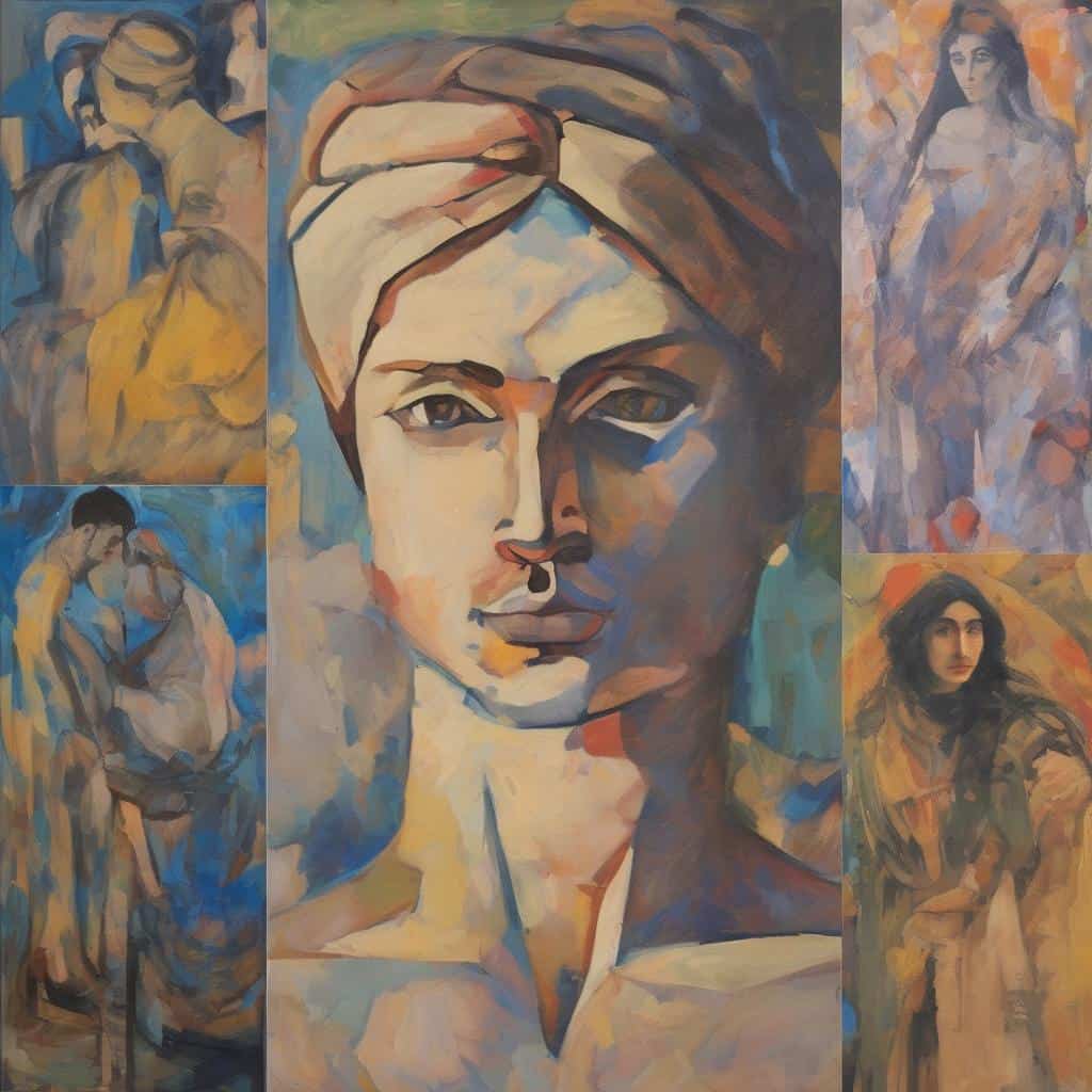 Οπτική μελέτη της μεταβατικής περιόδου από το Μπαρόκ στον Ιμπρεσιονισμό μέσω αφηρημένων πορτρέτων και σκηνών, αναδεικνύοντας την εξέλιξη των εικαστικών ρευμάτων και τη σημασία τους στην τέχνη.